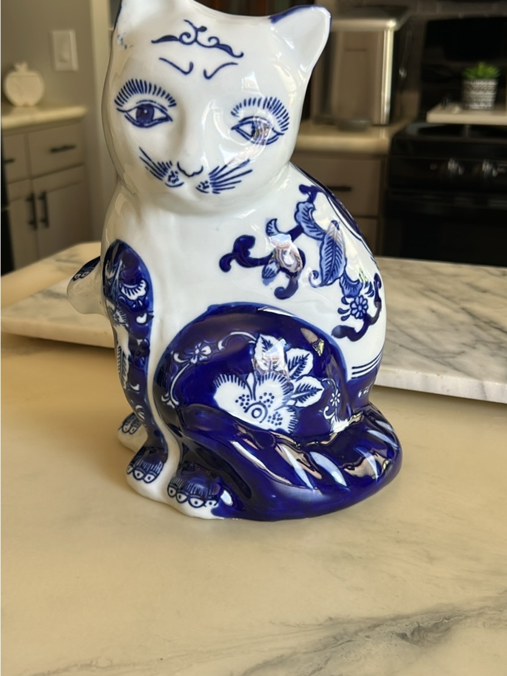 Blue and White Ceramic 3 Hands 10” Cat Figurine - Home Art Decor